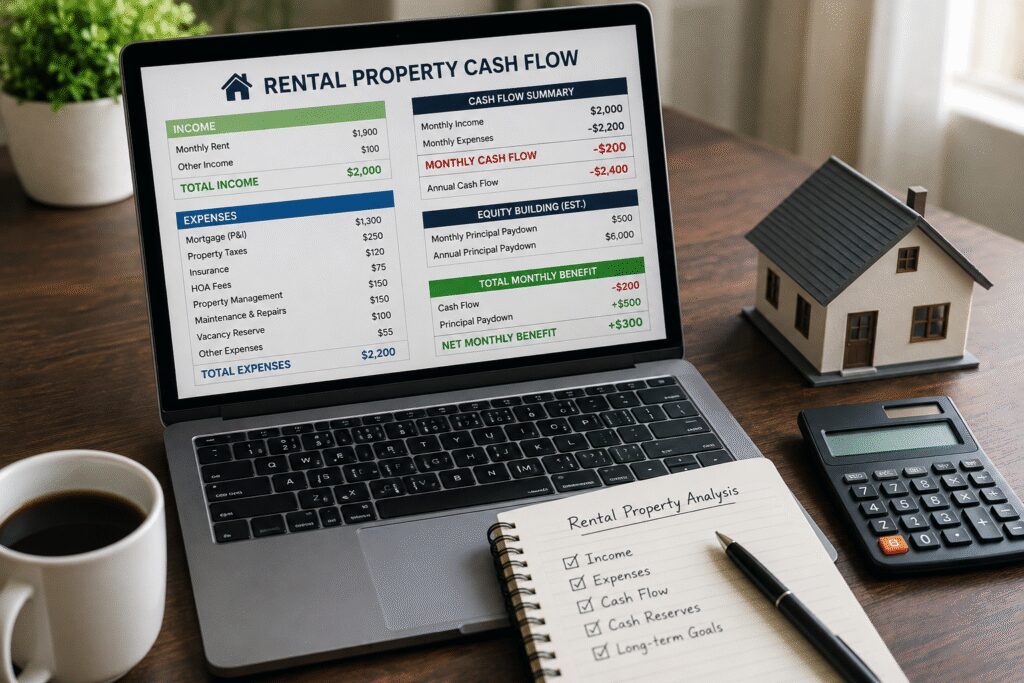 Laptop displays a rental property cash flow spreadsheet beside a house model, calculator, coffee, and notes, conveying organized financial planning.
