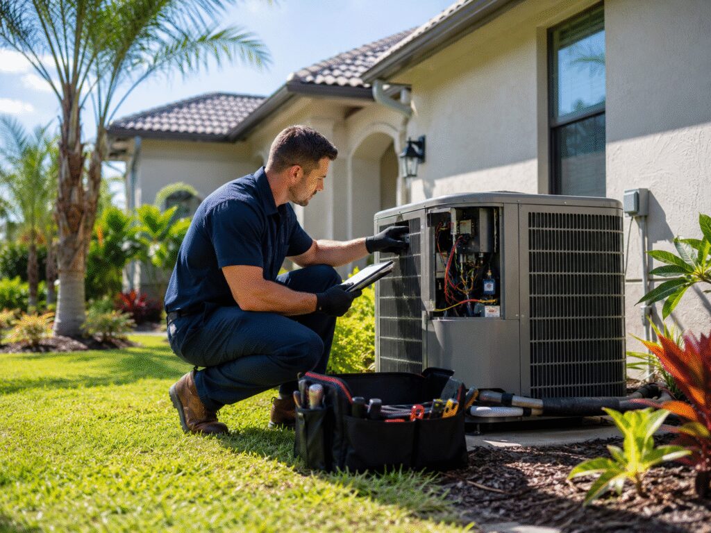 HVAC technician repairs an outdoor air-conditioning unit beside a suburban home, with an open toolbox on the lawn and palm trees nearby.