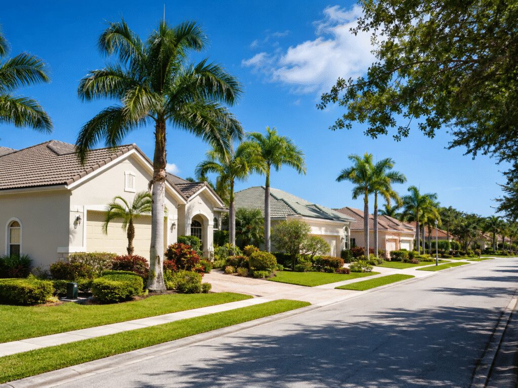 Sunny suburban neighborhood with a palm-lined street, neat homes, landscaped lawns, and colorful gardens beneath a blue sky, conveying peace.